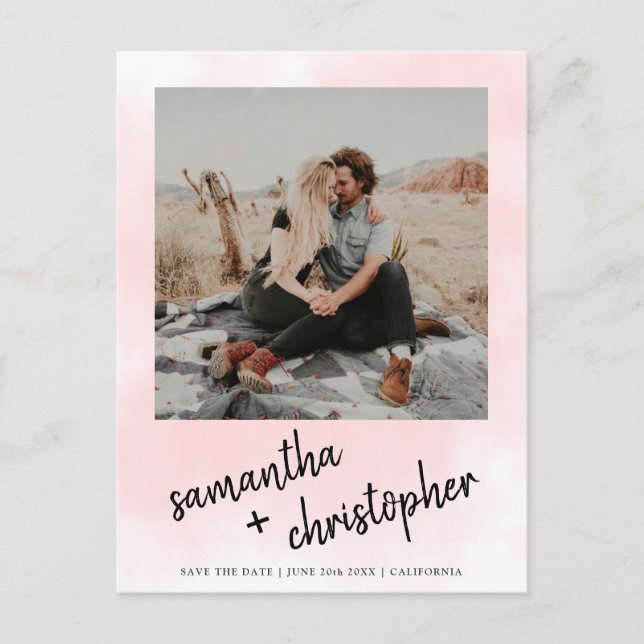Names Save the date typography pink photo Announcement Postcard (Front)