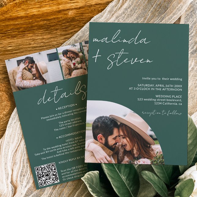 Names script arch green 4 photo all in one wedding invitation (Creator Uploaded)