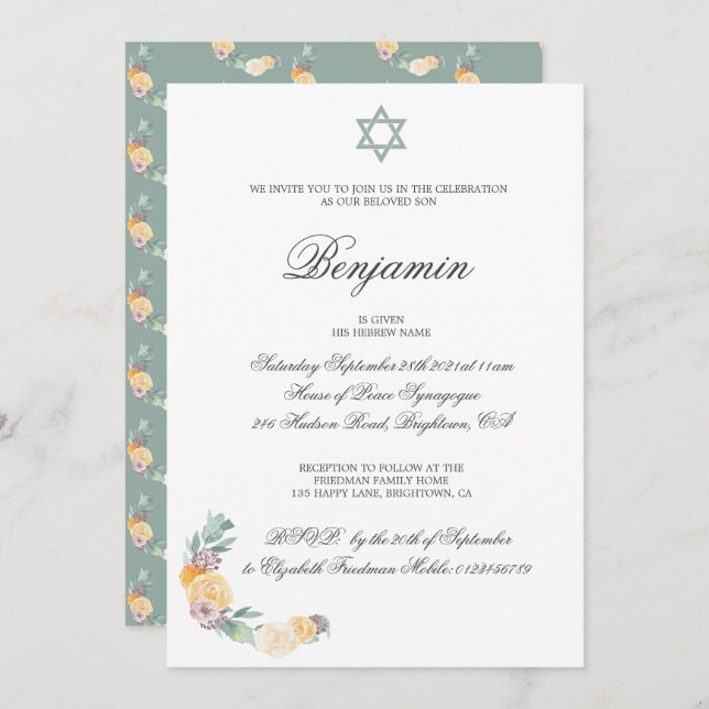 Naming Ceremony Hebrew Baby Boy Invitation (Front/Back)