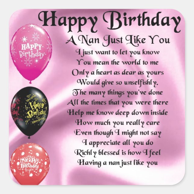 Nan Poem  -  Happy Birthday Square Sticker (Front)