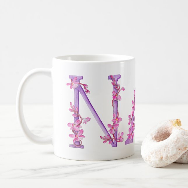 Nan text orchid purple pink art painting mug (With Donut)
