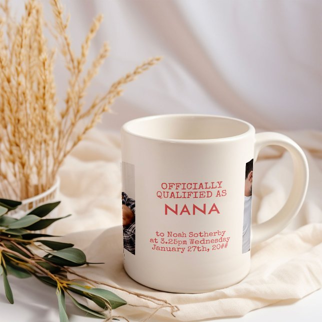 Nana 2 Custom Baby Photos and Birth Stats Coffee Mug (Nana baby birth announcement photo mug)