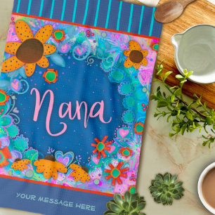 Nana Blue Pretty Floral Stripes Fun Personalized Tea Towel