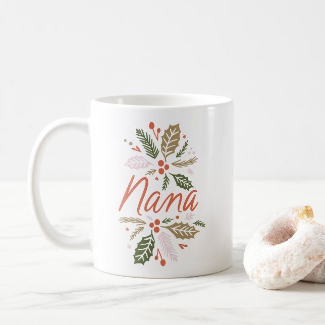 Nana Bright Holly Christmas Red Script Coffee Mug (With Donut)