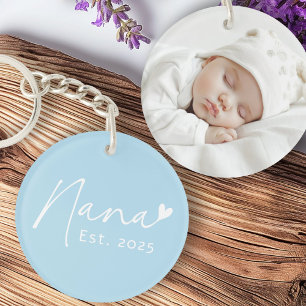 Nana Est year handwritten script heart blue photo Key Ring