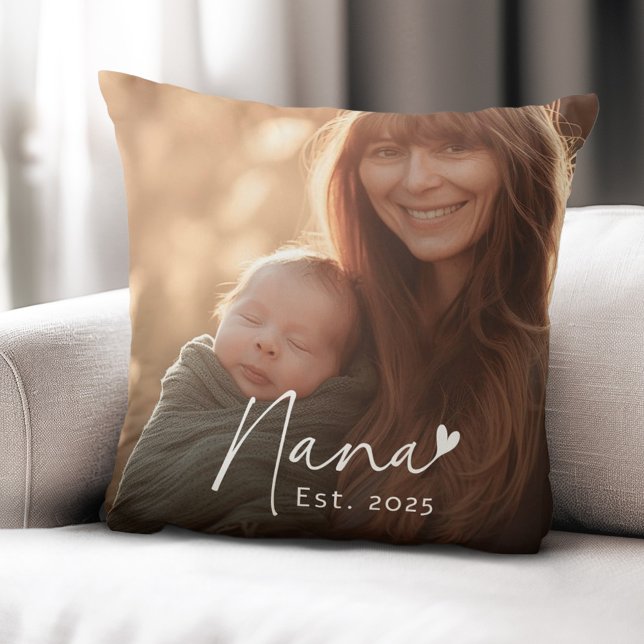 Nana Est year handwritten script with heart photo Cushion (Nana Est year handwritten script with heart photo Throw Pillow)