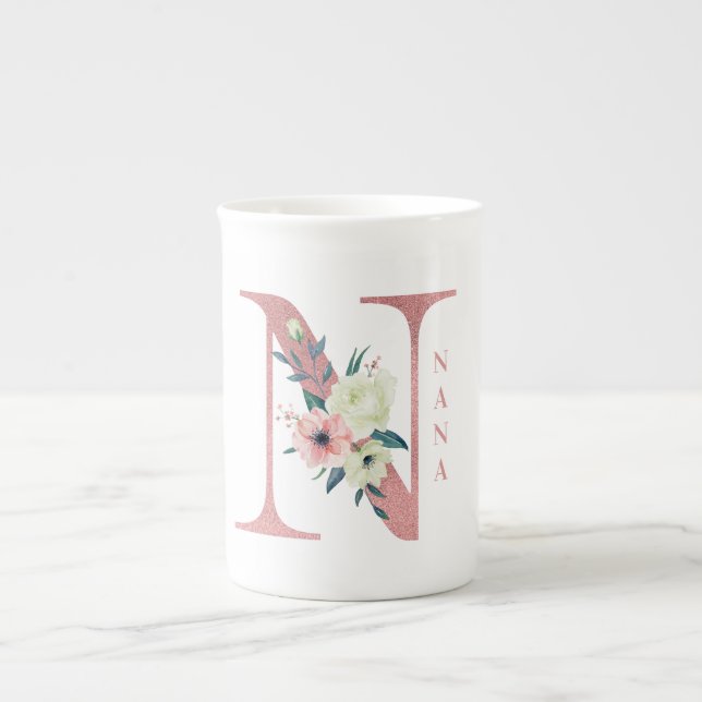 Nana Flower Letter N Pink Glitter Shimmer Bone China Mug (Front)
