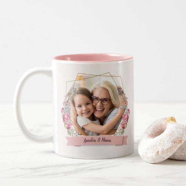 Nana Gift Mother's Day Photo Grandchild   Two-Tone Coffee Mug (With Donut)
