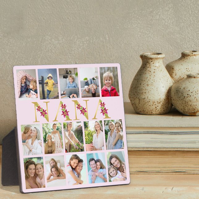 Nana Gold Letters 15 Vertical Photo Collage Pink Plaque (Creator Uploaded)