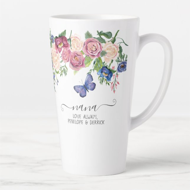 Nana Love Grandchildren Names Watercolor Floral Latte Mug (Right)