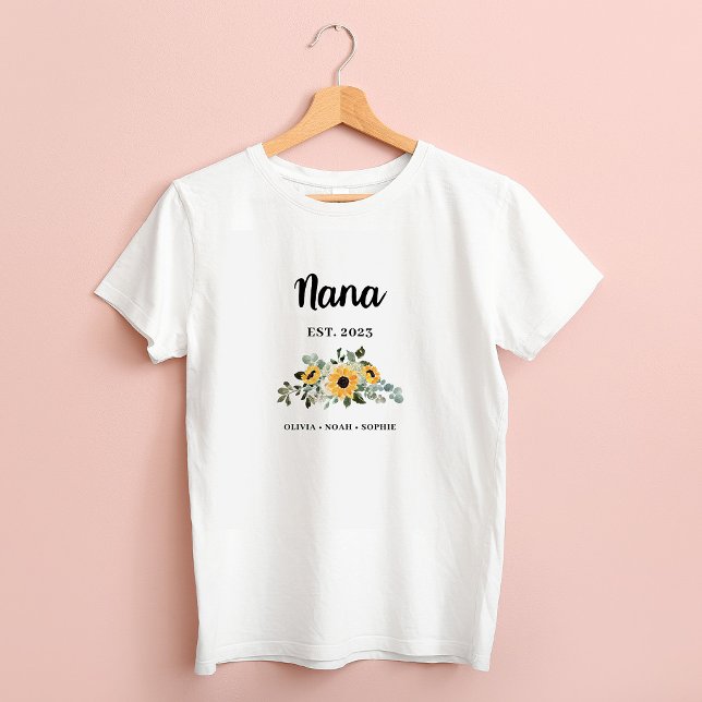 Nana | Pretty Rustic Sunflower and Names T-Shirt (A pretty, rustic t-shirt with sunflowers for your Nana to wear proudly)