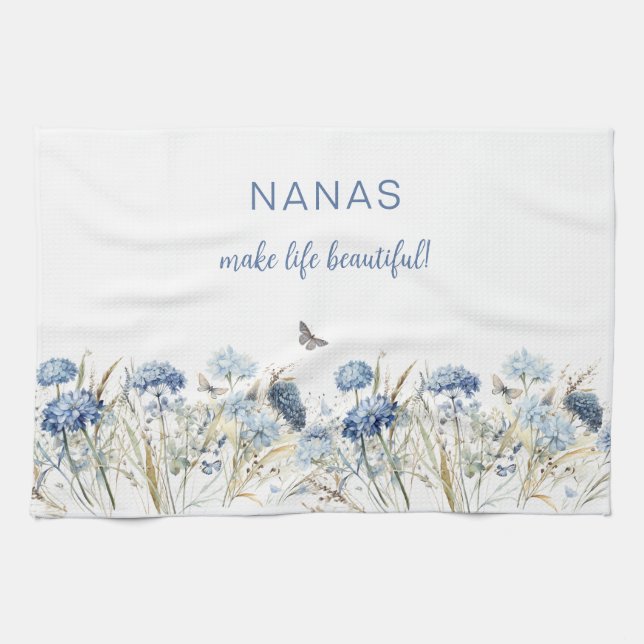 Nana’s Mother’s Day Dusty Blue Wildflowers Tea Towel (Horizontal)