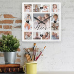 Nana Script Family Memory Photo Grid Collage Square Wall Clock<br><div class="desc">A beautiful personalised gift for your nana that she'll cherish for years to come. Features a modern thirteen photo grid collage layout to display 13 of your own special family photo memories. "Nana" designed in a beautiful handwritten black script style. Each photo is framed with a simple gold-coloured frame. Simple...</div>