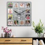 Nana We Love You 12 Photo Collage Grey Wood   Square Wall Clock<br><div class="desc">Rustic wood photo collage clock personalised with 12 pictures , grandchildren names and 'Nana We love you ' typography.</div>
