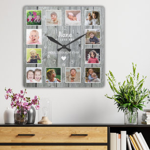 Nana We Love You 12 Photo Collage Grey Wood   Square Wall Clock