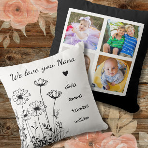 Nana We Love You Grandkids 4 Photo Collage Floral Cushion