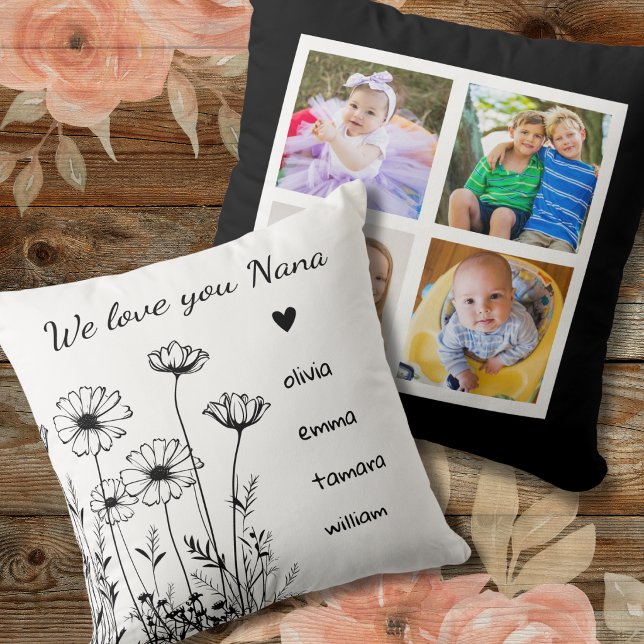 Nana We Love You Grandkids 4 Photo Collage Floral Cushion (Creator Uploaded)