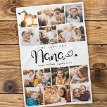 Nana We Love you Hearts Modern Photo Collage Tea Towel<br><div class="desc">We love you Nana! Cute, modern custom family photo collage kitchen towel to show grandma how much she's loved. We love this hand lettered script design with heart flourishes, making this a heartfelt keepsake gift for a beloved grandparent. Personalise with 12 favourite pictures and your personal message and names. Available...</div>