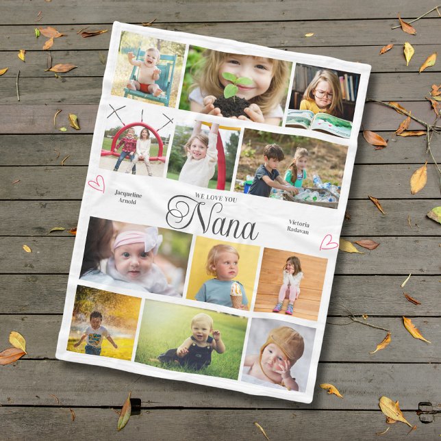 Nana We Love You Personalised Hearts Fleece Blanket (Nana custom fleece blanket with photos and text personalization.)