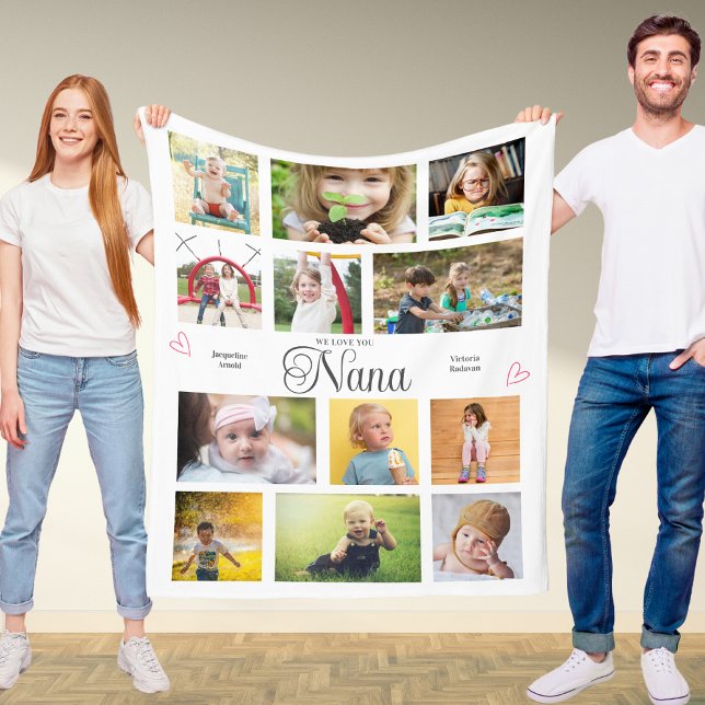 Nana We Love You Personalised Hearts Modern Fleece Blanket (Nana personalized fleece blanket with favorite photos and custom text.)
