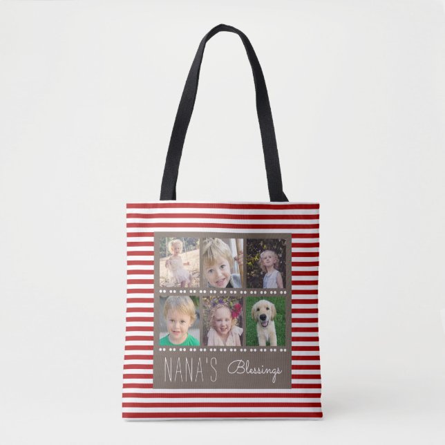 Nana's Blessings Photo Collage Red & White Stripes Tote Bag (Front)