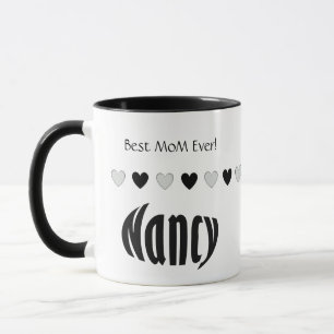 NANCY Personalised Name, Black and White Hearts Mug