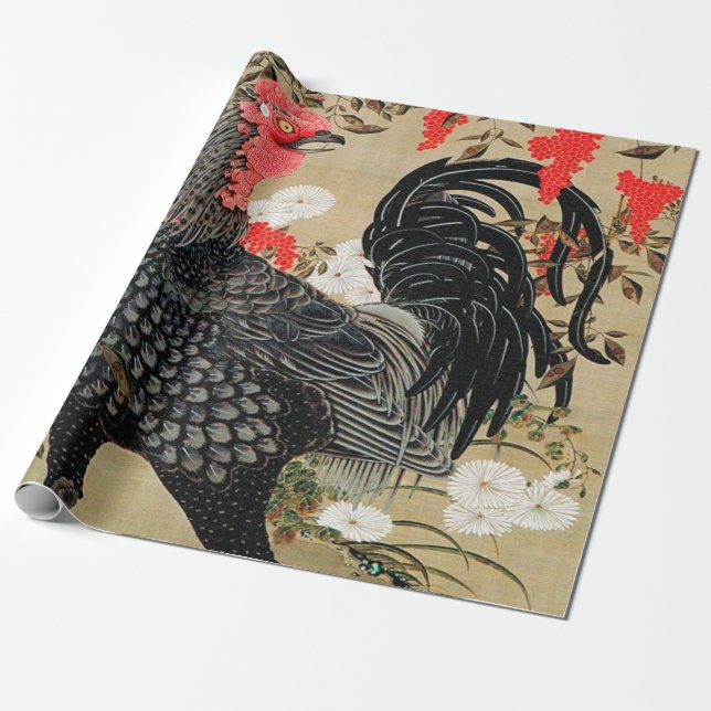Nandina and Rooster Illustration by Ito Jakuchu Wrapping Paper (Unrolled)