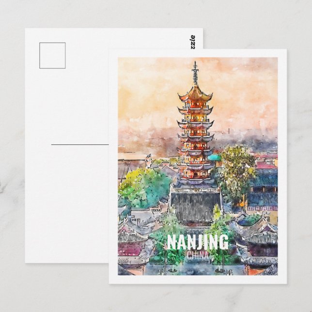 Nanjing China Famous Travel Watercolor Sketch Postcard (Front/Back)