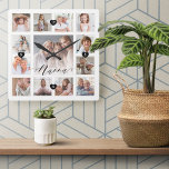 Nanna Script Family Memory Photo Grid Collage Square Wall Clock<br><div class="desc">A beautiful personalised gift for your Nanna that she'll cherish for years to come. Features a modern thirteen photo grid collage layout to display 13 of your own special family photo memories. "Nanna" designed in a beautiful handwritten black script style. Each photo is framed with a simple gold-coloured frame. Simple...</div>