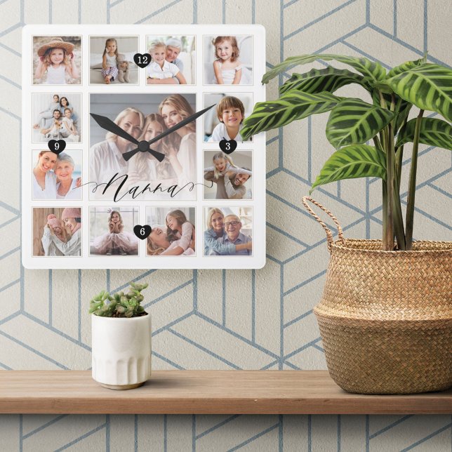 Nanna Script Family Memory Photo Grid Collage Square Wall Clock (Creator Uploaded)