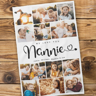 Nannie We Love you Hearts Modern Photo Collage Tea Towel
