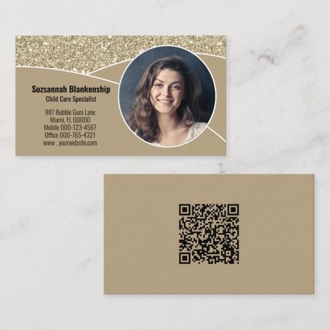 Nanny Custom Photo Faux Gold Glitter QR Code Business Card (Front/Back)