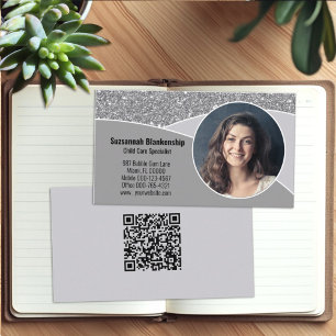 Nanny Custom Photo Faux Silver Glitter QR Code Business Card