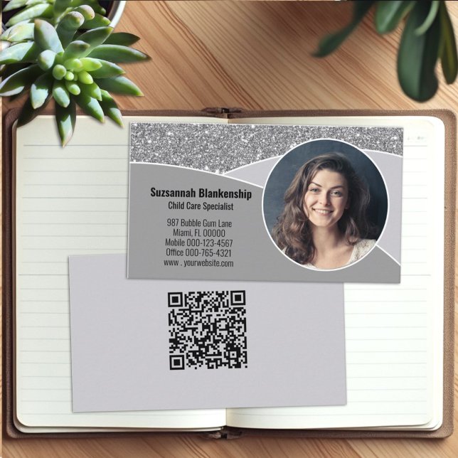 Nanny Custom Photo Faux Silver Glitter QR Code Business Card (Business card qr code and photo template)