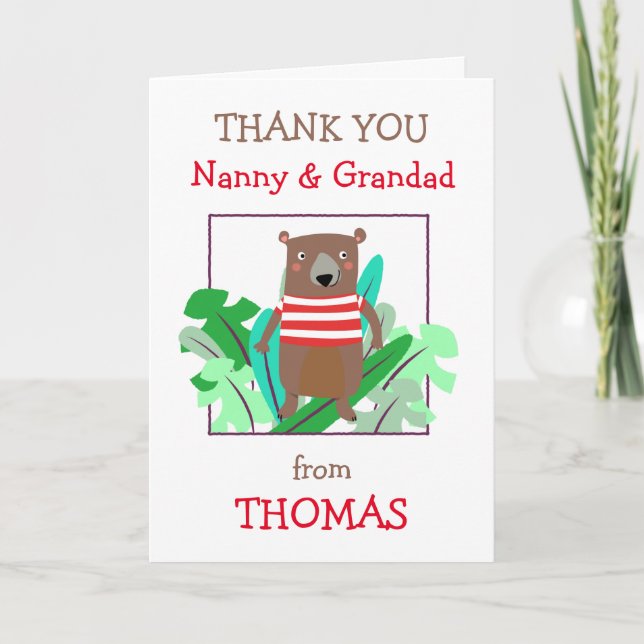 Nanny Grandad Name Cute Bear Leaves Thank You Card (Front)