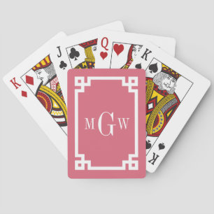Nant Red White Greek Key #2 Framed 3 Init Monogram Playing Cards