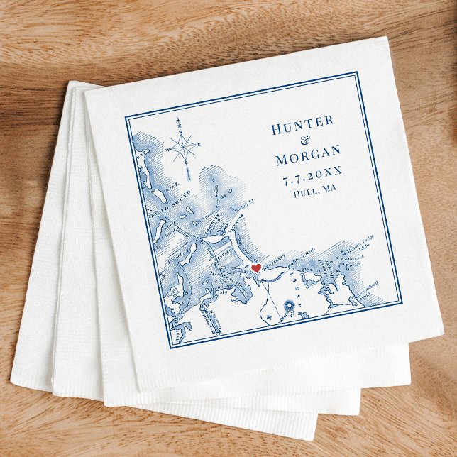 Nantasket Beach Resort Hull MA Map Elegant Wedding Napkin (Hull Massachusetts Map Custom Cocktail Napkins for an elegant Nantasket Beach Resort Wedding)