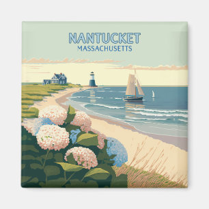 Nantucket Beach Hydrangeas Lighthouse Boat Retro Magnet