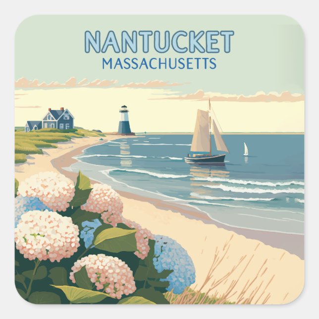 Nantucket Beach Hydrangeas Lighthouse Boat Retro Square Sticker (Front)