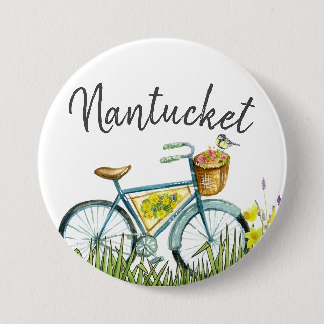 Nantucket bicycle with flower basket 7.5 cm round badge (Front)