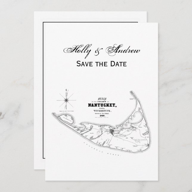Nantucket Island MA Vintage Map Black Invitation (Front/Back)