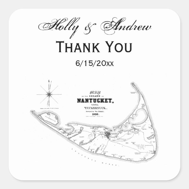 Nantucket Island MA Vintage Map Black Square Sticker (Front)