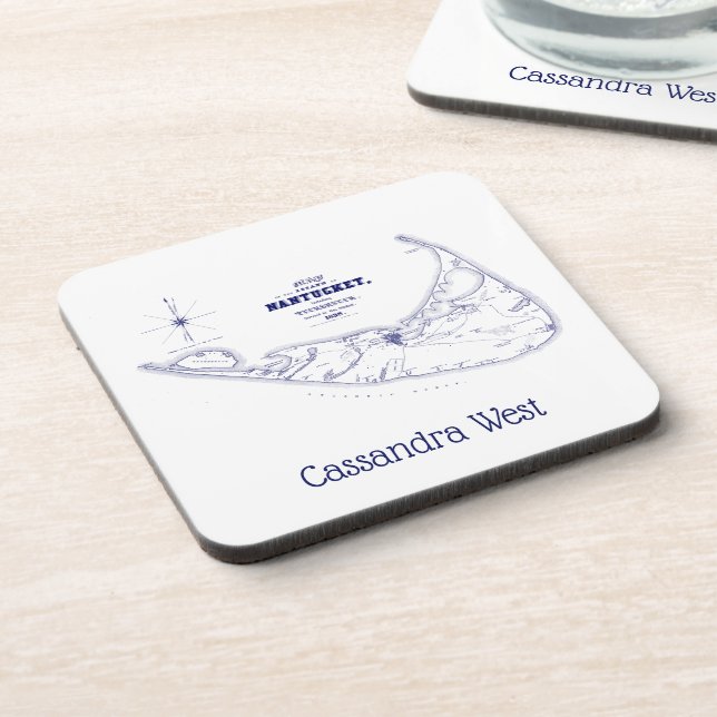 Nantucket Island MA Vintage Map Navy Blue Coaster (Left Side)