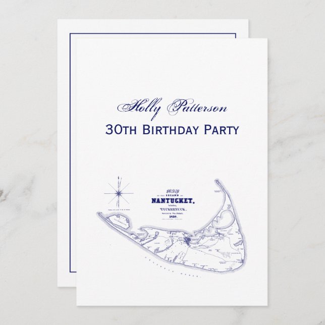 Nantucket Island MA Vintage Map Navy Blue Invitation (Front/Back)