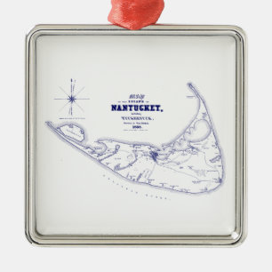 Nantucket Island MA Vintage Map Navy Blue Metal Tree Decoration