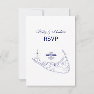 Nantucket Island MA Vintage Map Navy Blue RSVP Card
