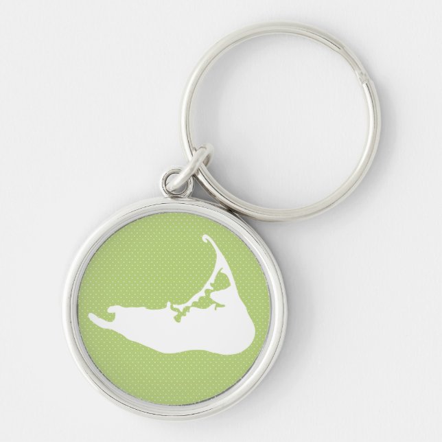 Nantucket Island Map Polka Do in White & Lime Key Ring (Front)