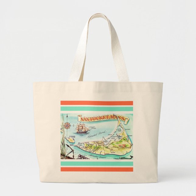 Nantucket MA Illustrated Map Postcard Large Tote Bag (Front)