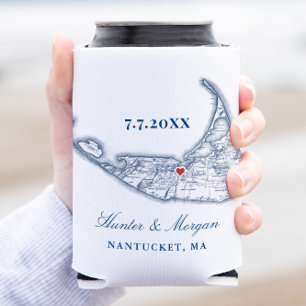 Nantucket Map Navy Blue Wedding Favor Drink Holder Can Cooler