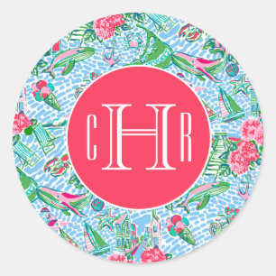 Nantucket Preppy Palm Beach Print Monogrammed Classic Round Sticker